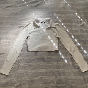 shein white long sleeve with collar and low v cut